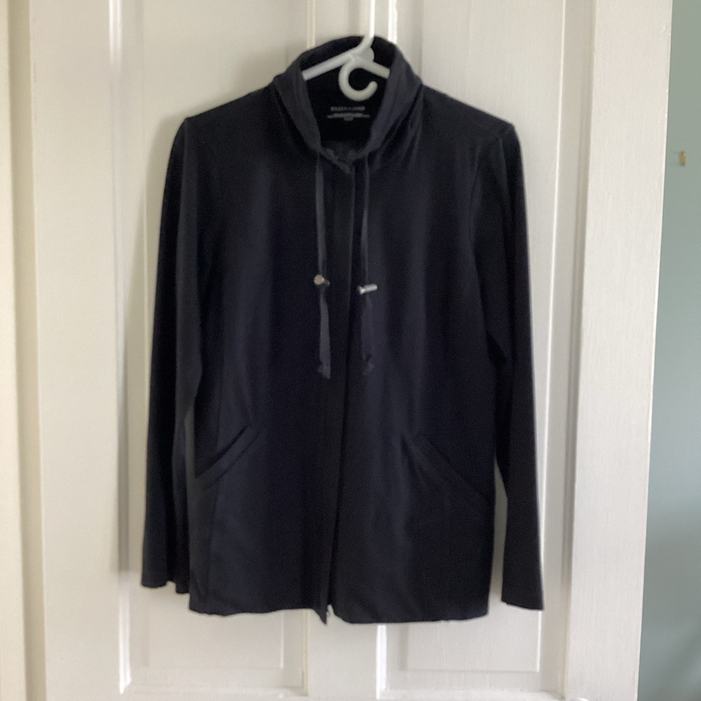 Eileen Fisher Black Cotton Zip Front Jacket with Drawstring Collar
